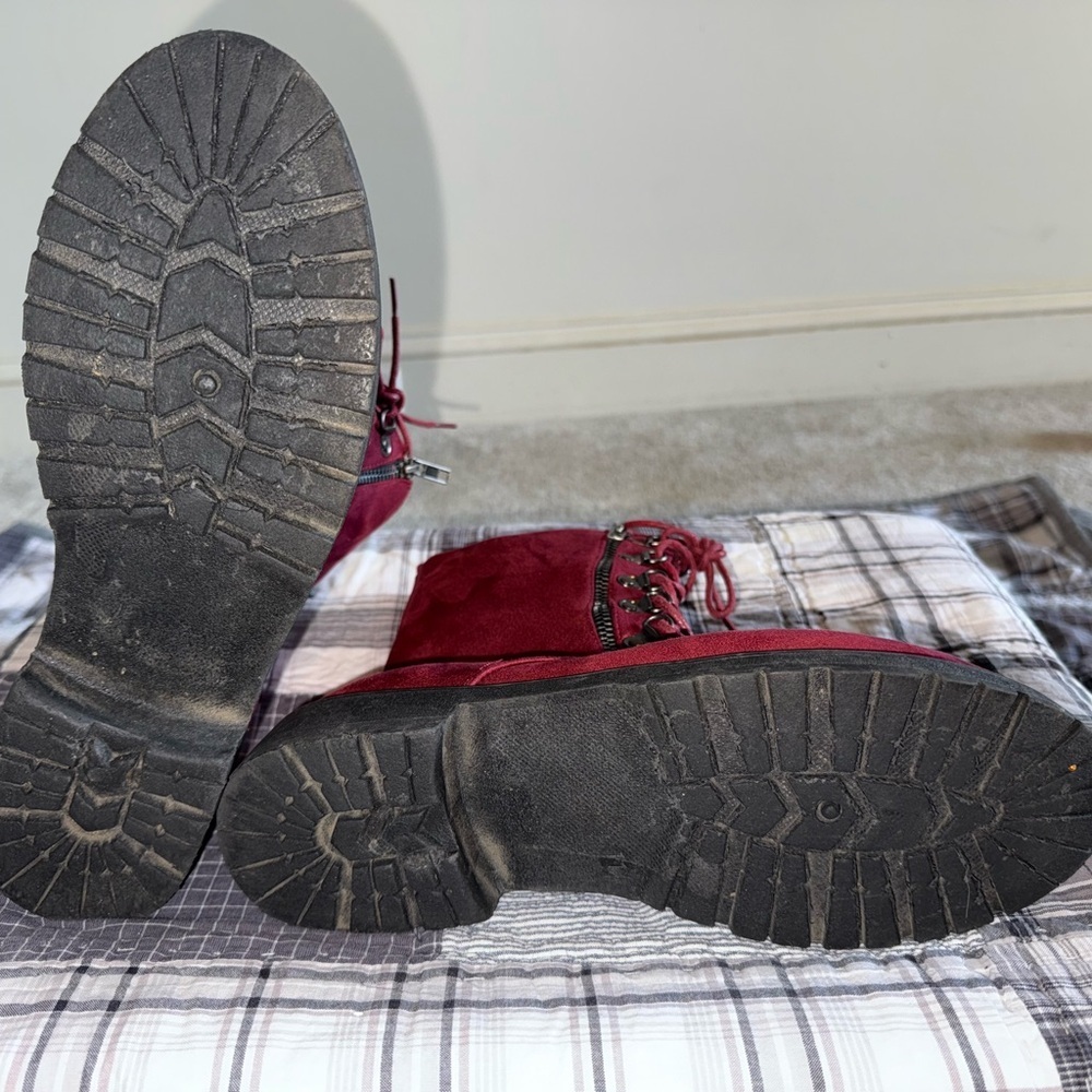 Burgundy Lace-Up Zippered Combat Boots - Picture 5 of 8